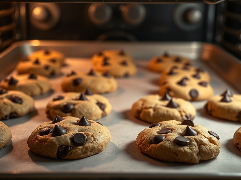 오븐 팬에 고르게 구워진 초코칩 쿠키들이 나열된 모습