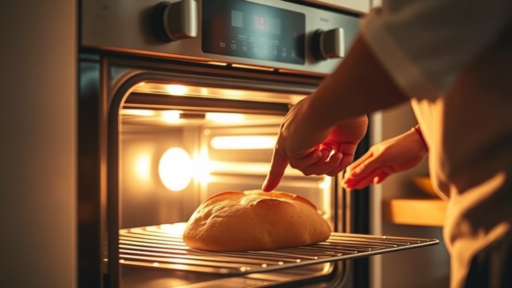 따뜻한 조명이 켜진 아늑한 주방에서 갓 구운 빵을 오븐에서 조심스럽게 꺼내는 장면