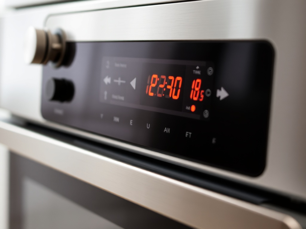오븐 전면부의 디지털 디스플레이에 정확한 온도와 시간이 표시되어 있는 모습