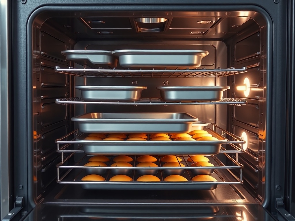 다양한 크기의 베이킹 팬들이 오븐 내부 선반에 층층이 배치되어 있는 공간 활용 모습
