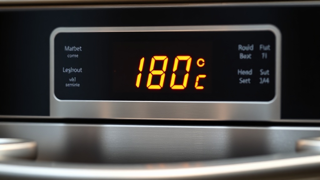 현재 온도가 180도로 설정되어 밝게 빛나고 있는 오븐의 디지털 디스플레이 패널
